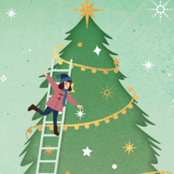 Christmas Gift Card Lady Decorating a Christmas Tree