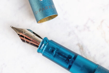 Parker Vector XL Fountain Pen Teal close up of nib and cap.