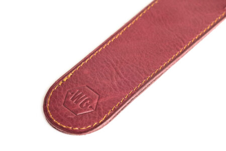 Write GEAR Leather Pen Sleeve Red close up of branding