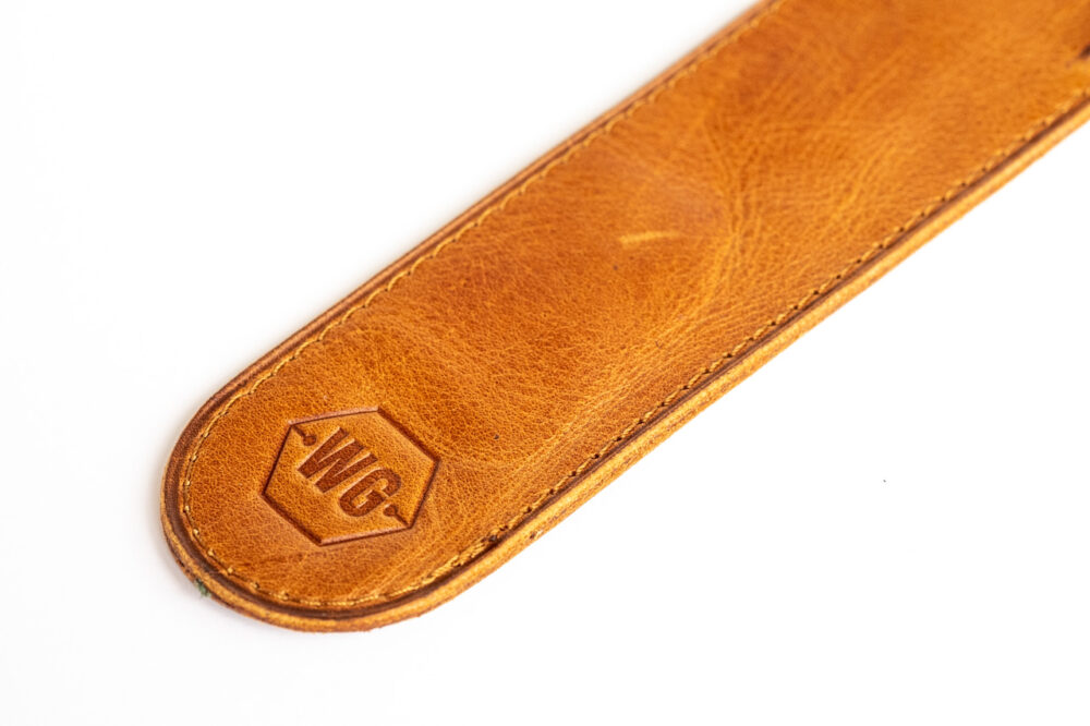 Write GEAR Leather Pen Sleeve Tan close up of branding