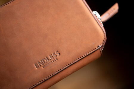 Endless Companion Leather Pen Pouch Close up view of embossed branding