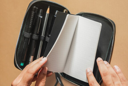Endless Companion Leather Pen Pouch - Black 5 pen with open storyboard