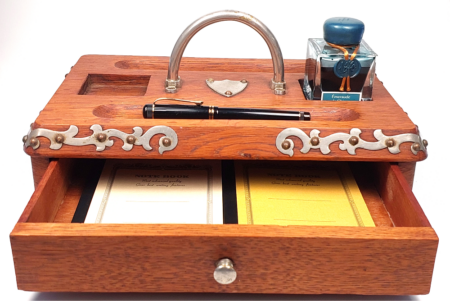 Vintage Pen and Ink Stand - Oak - Large (circa 1890) drawer open with Apica, Kaweco Dia 2, and J. Herbin Ink