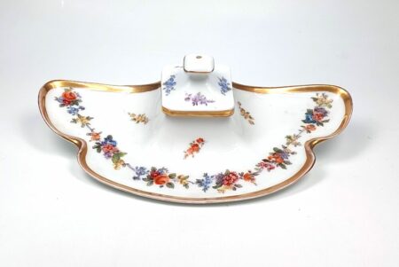 Vintage Porcelain Inkwell and Pen Rest (circa 1920) closed at angle